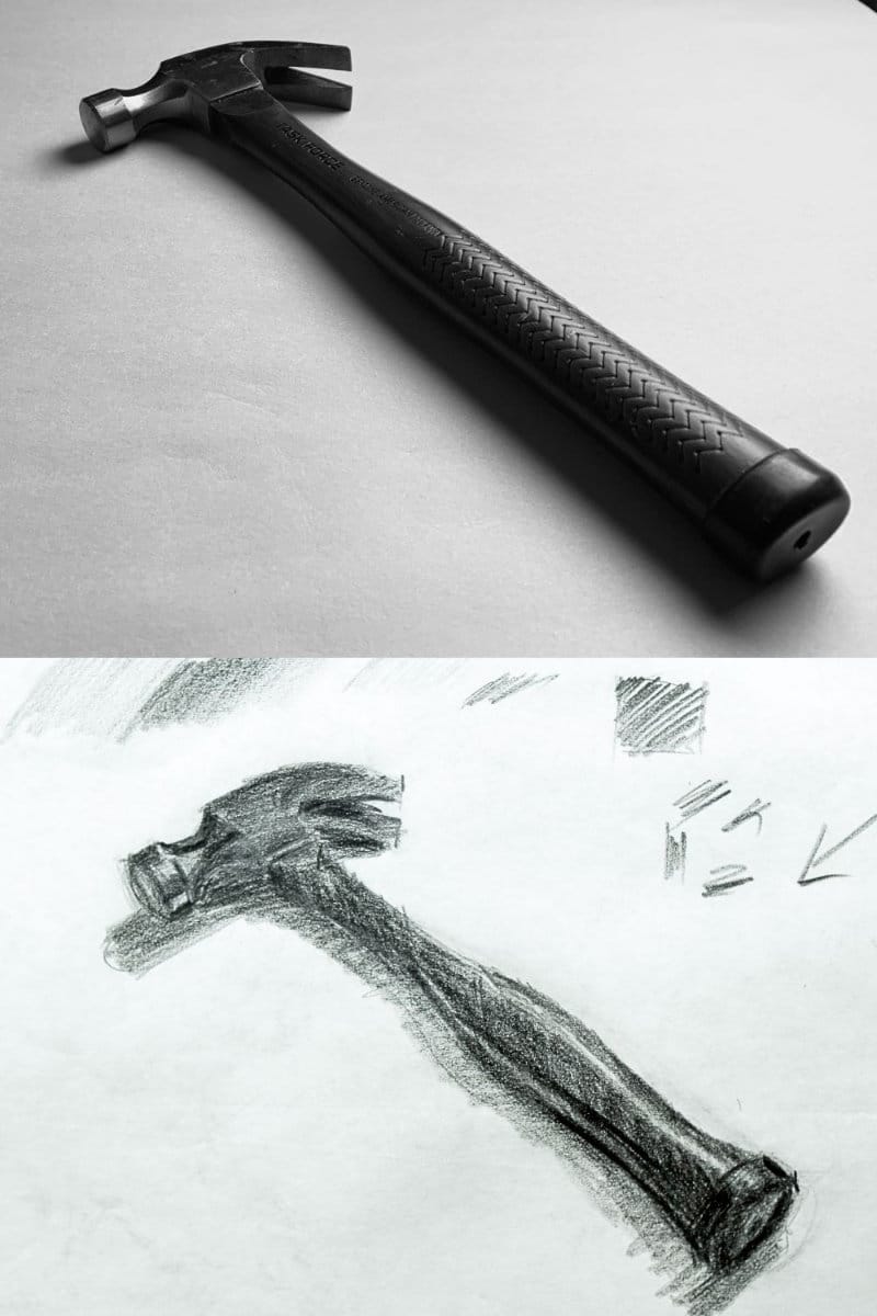 Side-by-side view of hammer photo reference and completed graphite pencil drawing from beginner drawing course.
