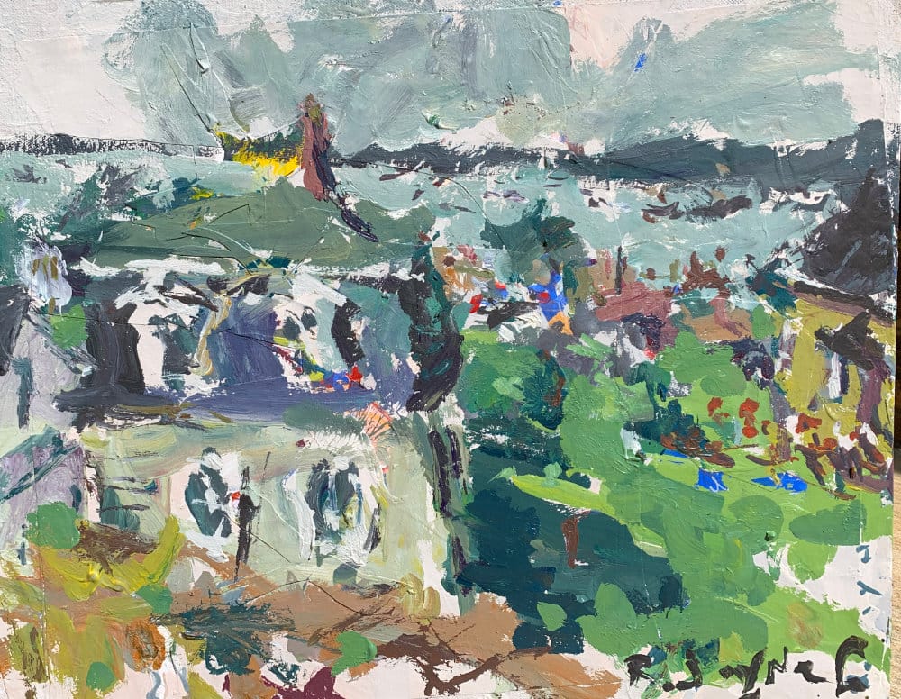 Harbor reflections with palette-knife pulled highlights and paper texture.
