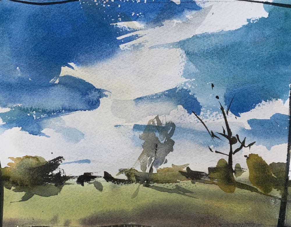 Beginner watercolor tutorial for painting clouds using negative space techniques