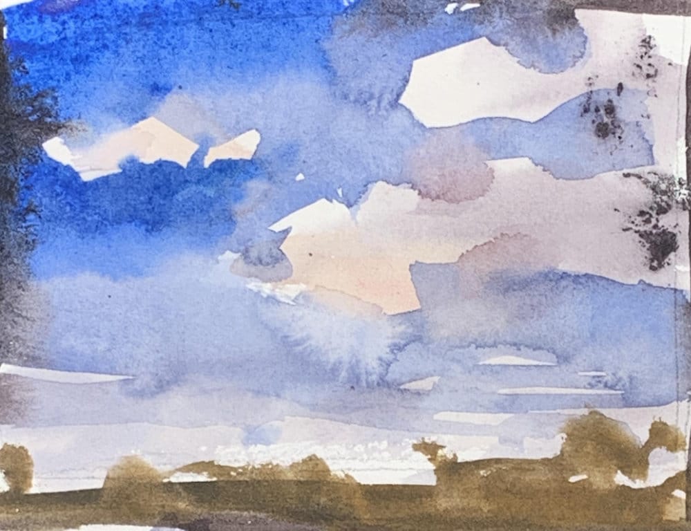 Beginner watercolor cumulus cloud painting tutorial with soft, fluffy shapes