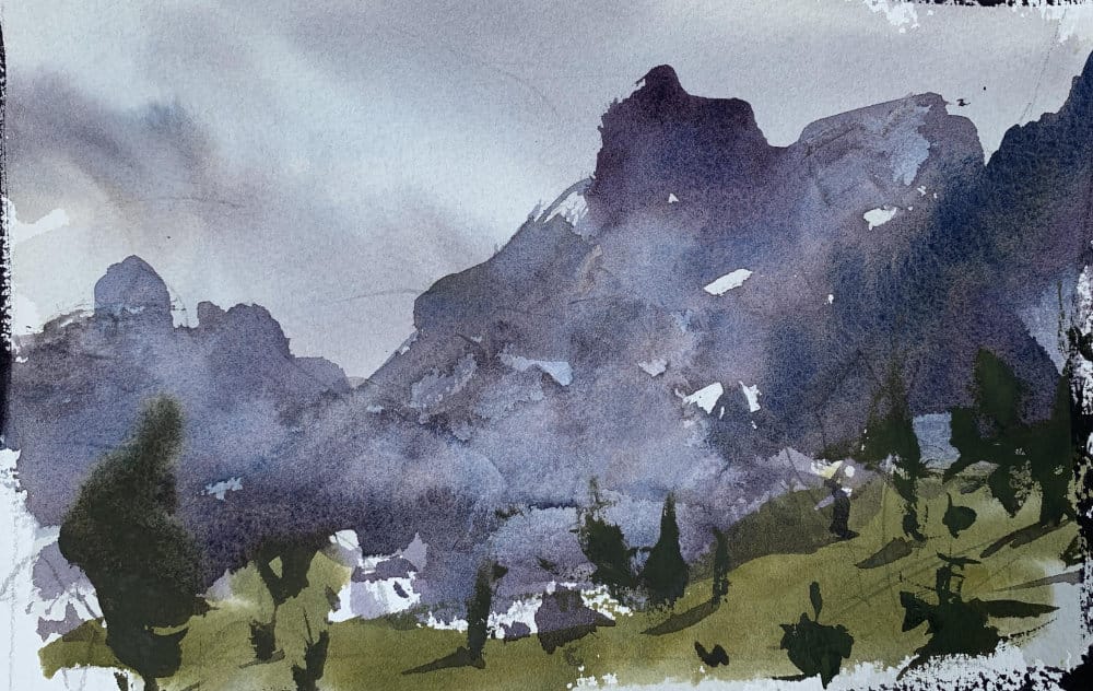 Step-by-step beginner watercolor tutorial for painting mountains and landscapes