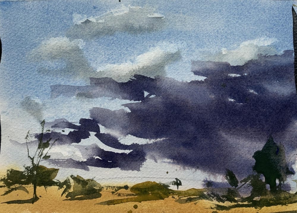 Beginner watercolor storm cloud painting tutorial using dramatic values