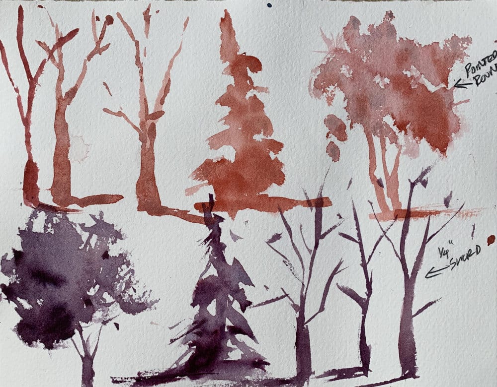 Loose watercolor tree painting tutorial for beginners showing simple brush techniques