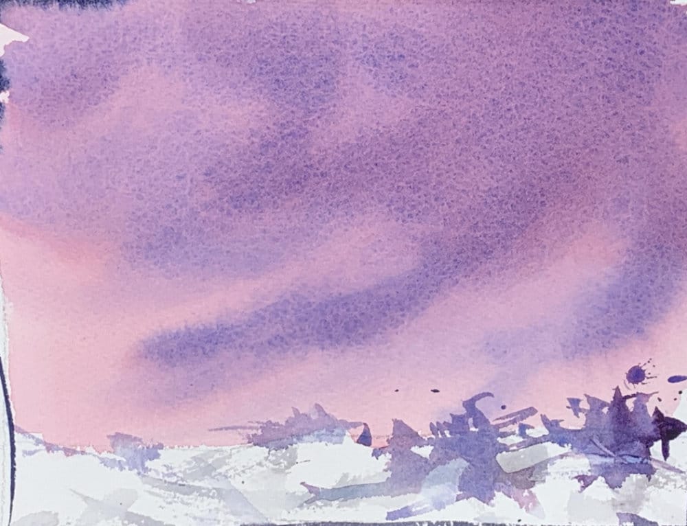 Loose watercolor winter sky tutorial for beginners with soft gradients