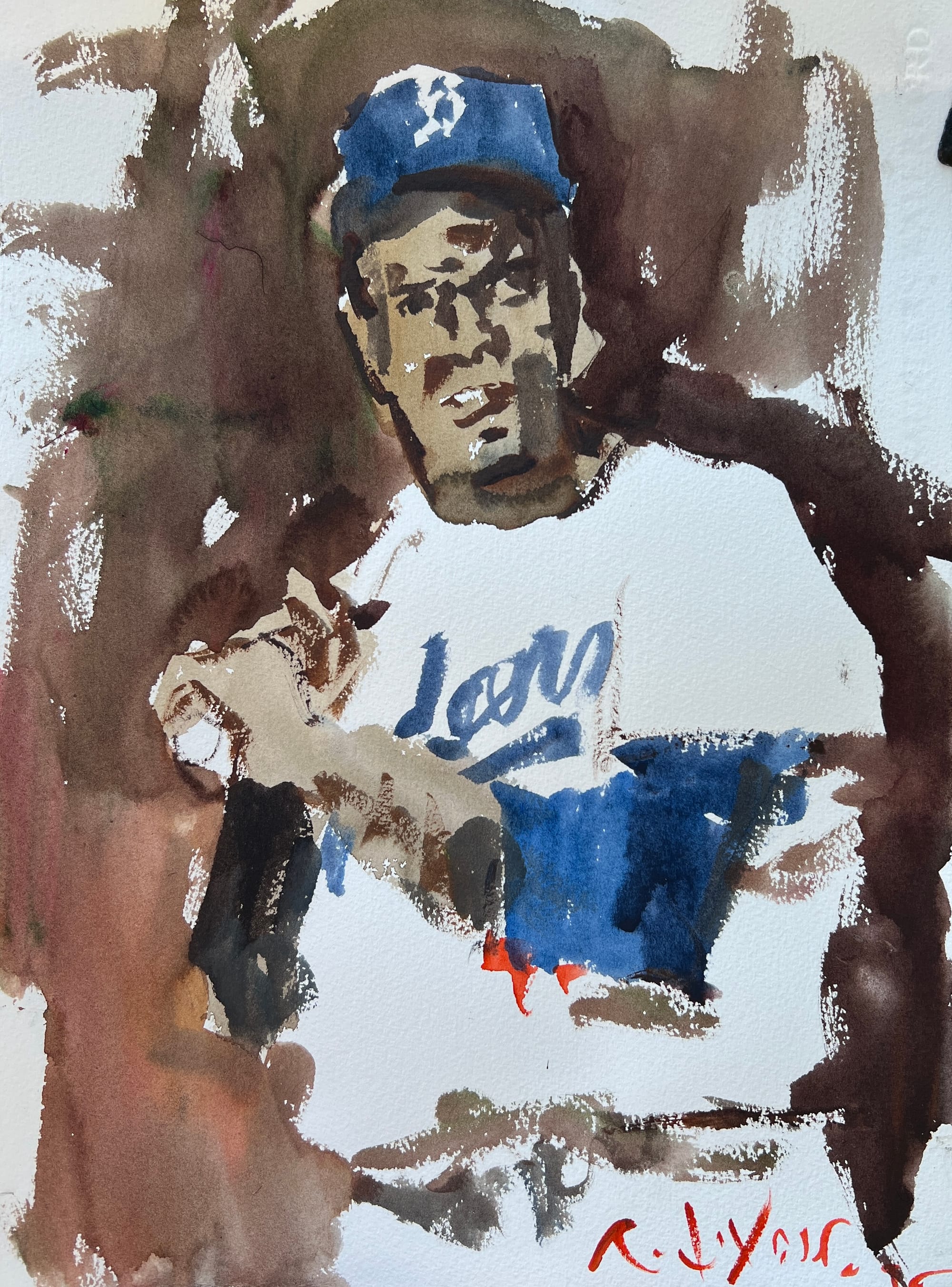 Original painting of Jackie Robinson breaking baseball color barrier for Brooklyn Dodgers