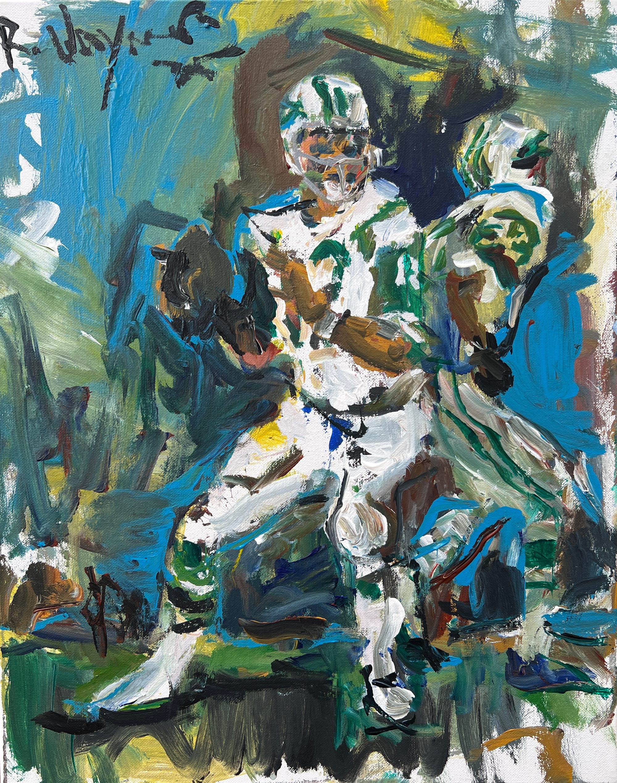 New York Jets Joe Namath football art, bold green and white acrylic painting