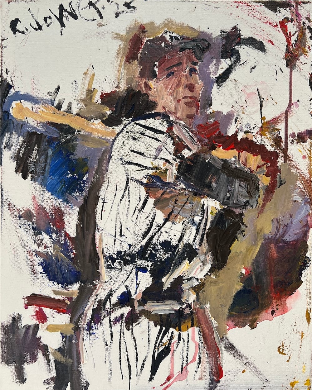 Abstract portrait of Yankees great Joe DiMaggio with loose lines and bold brushwork