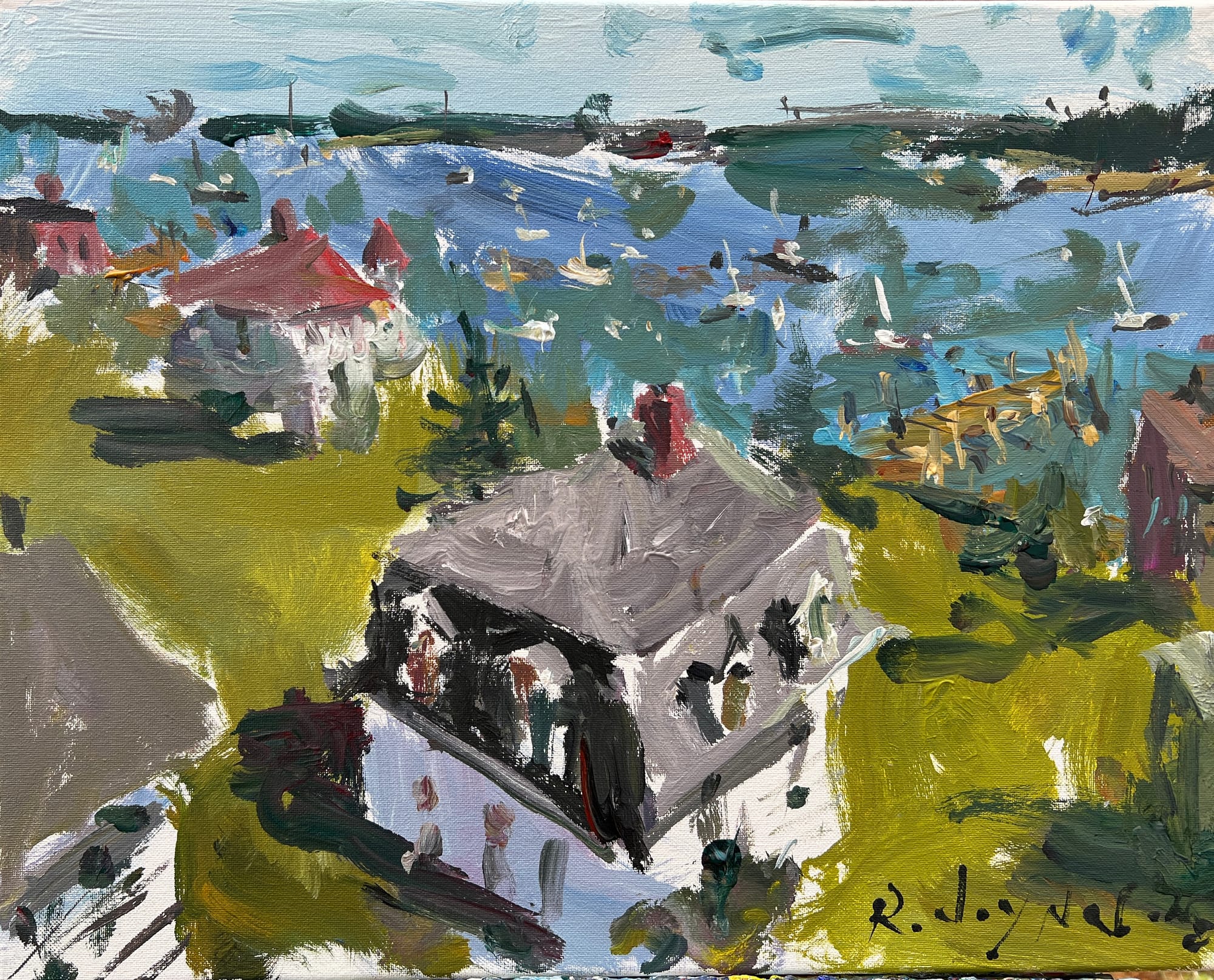 Loose abstract painting of a fish house with boats and reflections in the water.