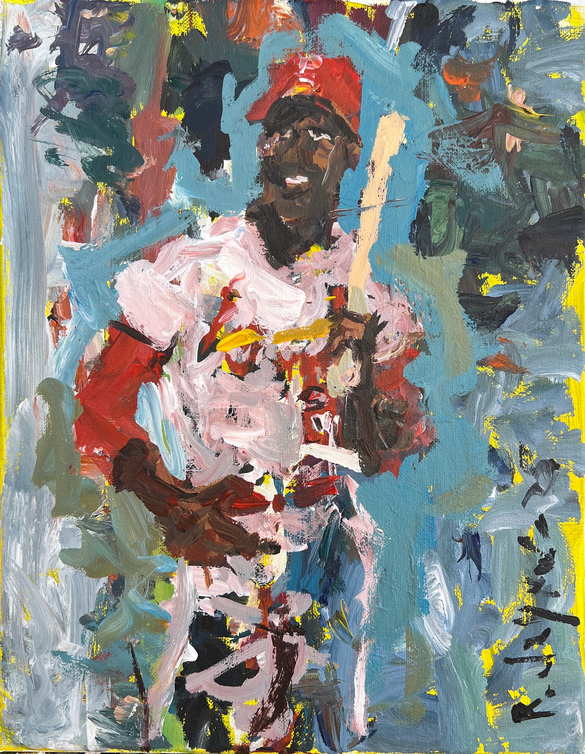 Original painting of Lou Brock Cardinals stolen base king in classic sliding pose