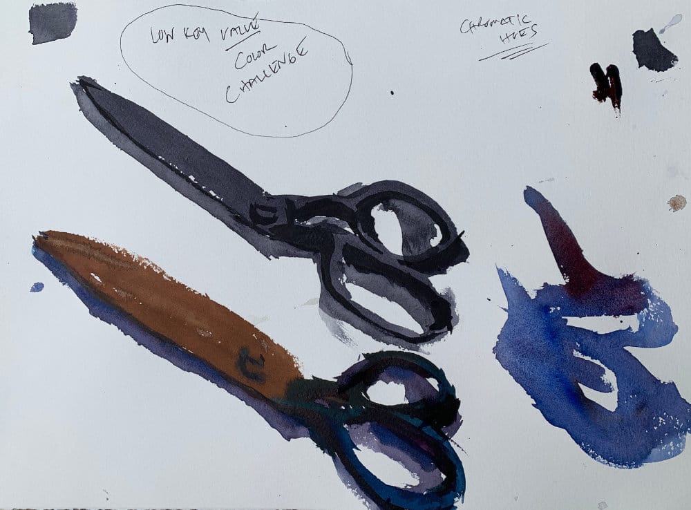 Low-key watercolor painting with deep rich colors