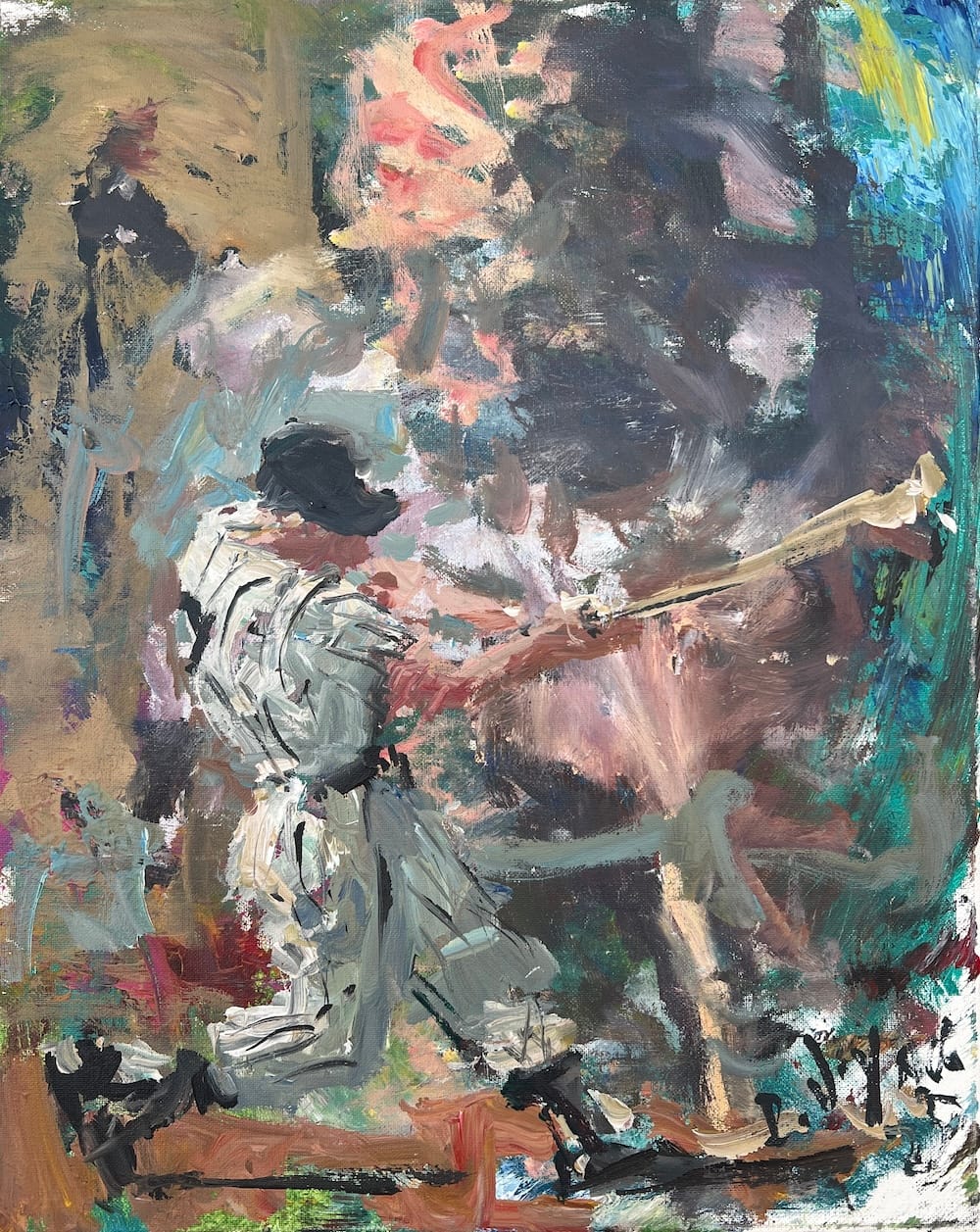 Abstract painting of Mickey Mantle batting for the New York Yankees, full of motion and energy