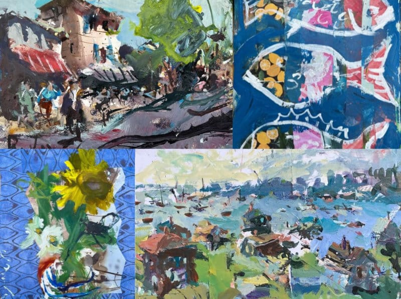 Collage of four mixed media artworks showing vibrant colors, layered textures, and creative combinations of paint, paper, and drawing techniques.