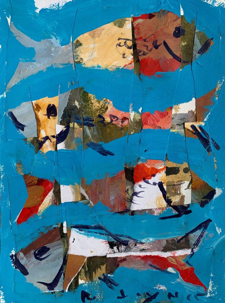 whimsical fish painting created with acrylics, collage paper, and expressive brushstrokes