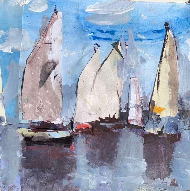 Serene mixed media landscape with sailboats, watercolor washes, and collage textures