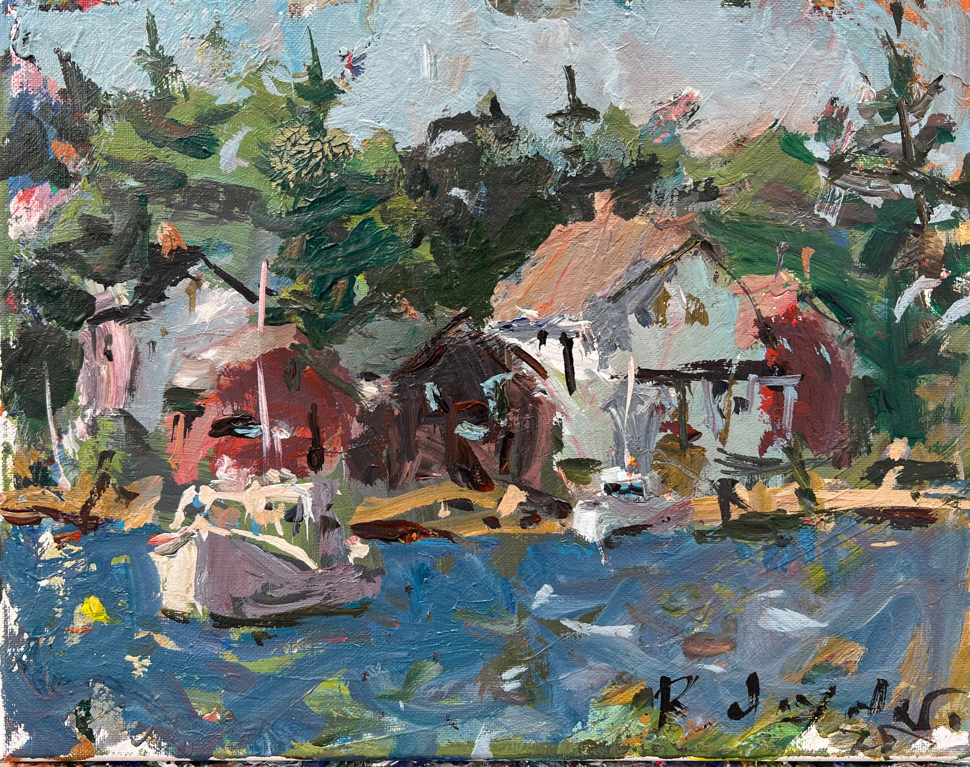Mixed media seascape of a Maine harbor with boats, docks, and vibrant abstract textures.