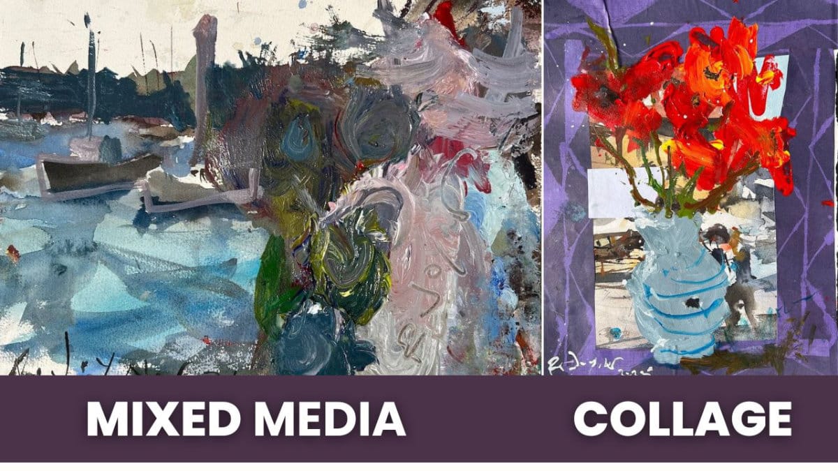 Side-by-side comparison of mixed media painting and collage artwork showing the difference in texture and technique