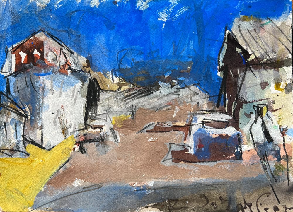 Modern abstract skyline with high-contrast edges and gestural marks.