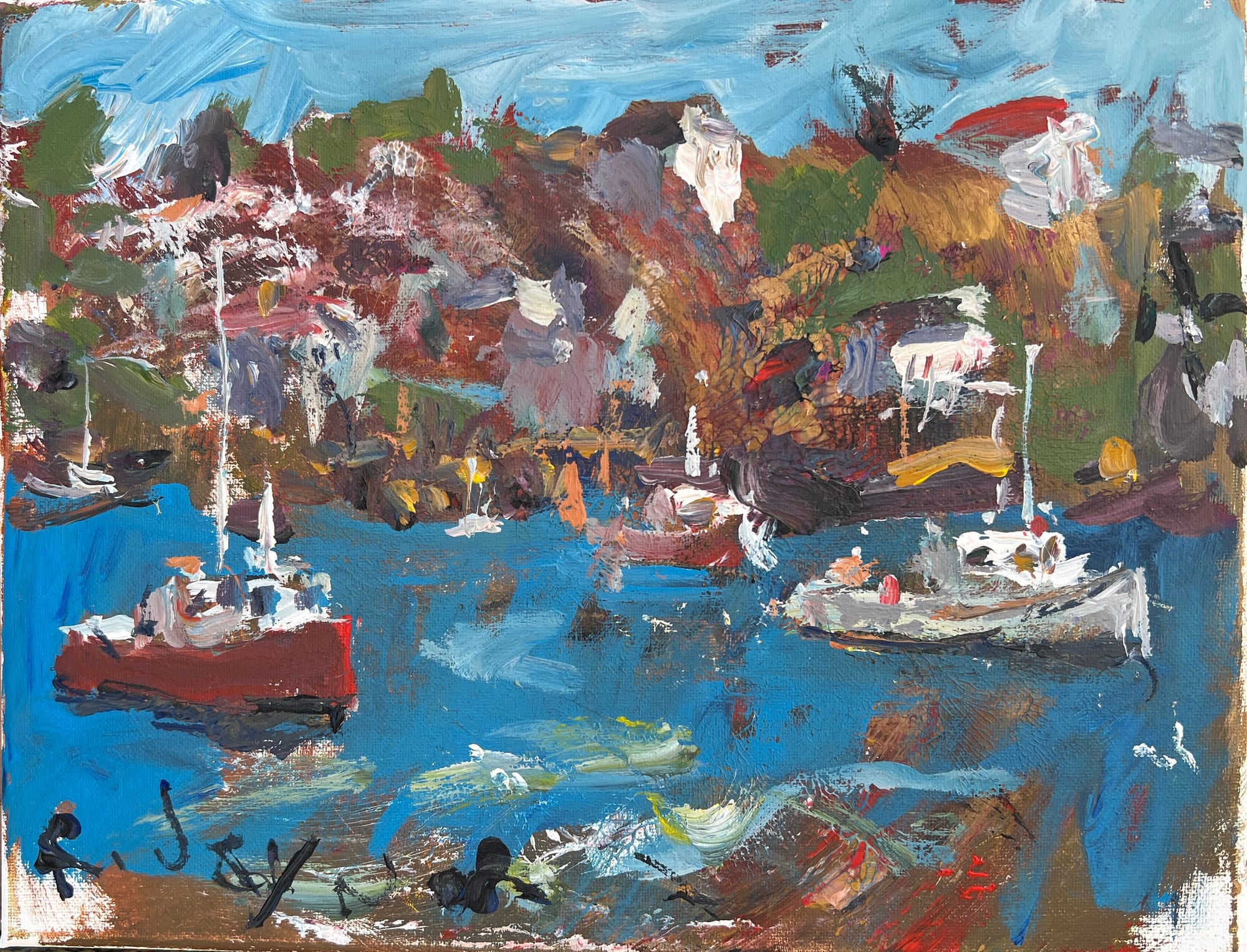 Modern abstract coastal painting of boats tied to a dock in a small Maine village.