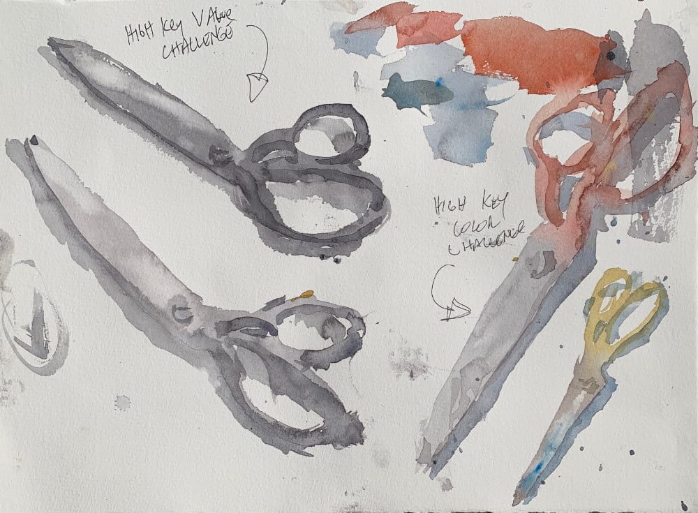 Dark value monochromatic watercolor still life