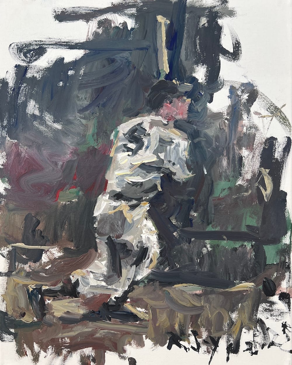 Abstract painting of Joe DiMaggio in Yankees gear, rendered in abstract form