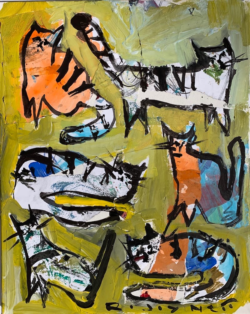 Playful collage of quirky cats in bright colors created with mixed media