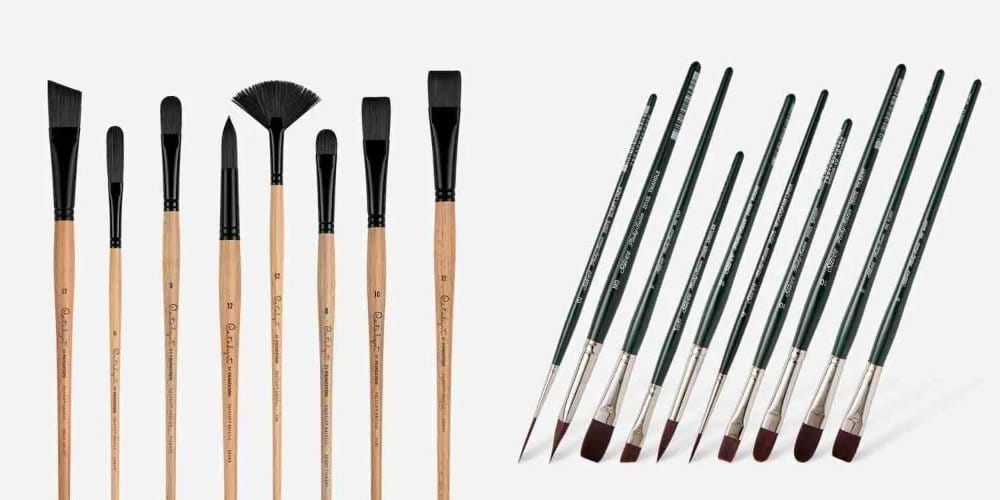 Two acrylic brush sets side by side: Princeton Catalyst Polytip (green handles) and Silver Brush Ruby Satin (wood handles) on a white background.