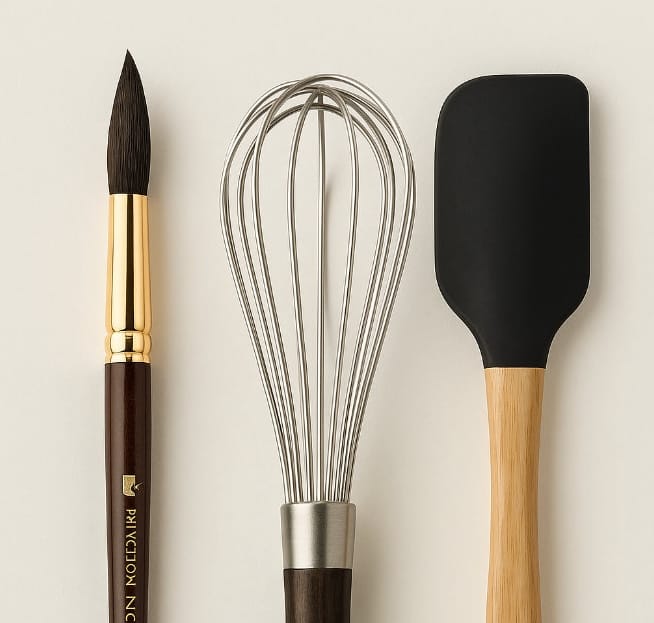 Princeton Neptune Dagger watercolor brush paired with a kitchen whisk, illustrating the fun cooking analogy for versatile painting tools.