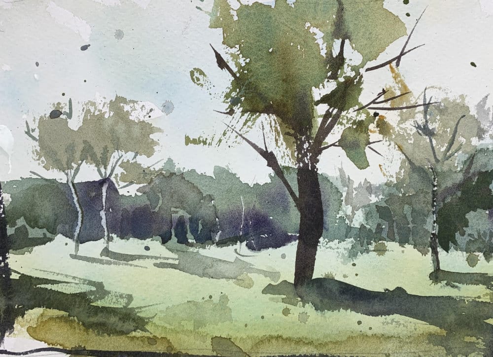 Beginner-friendly watercolor landscape painting tutorial with simple composition