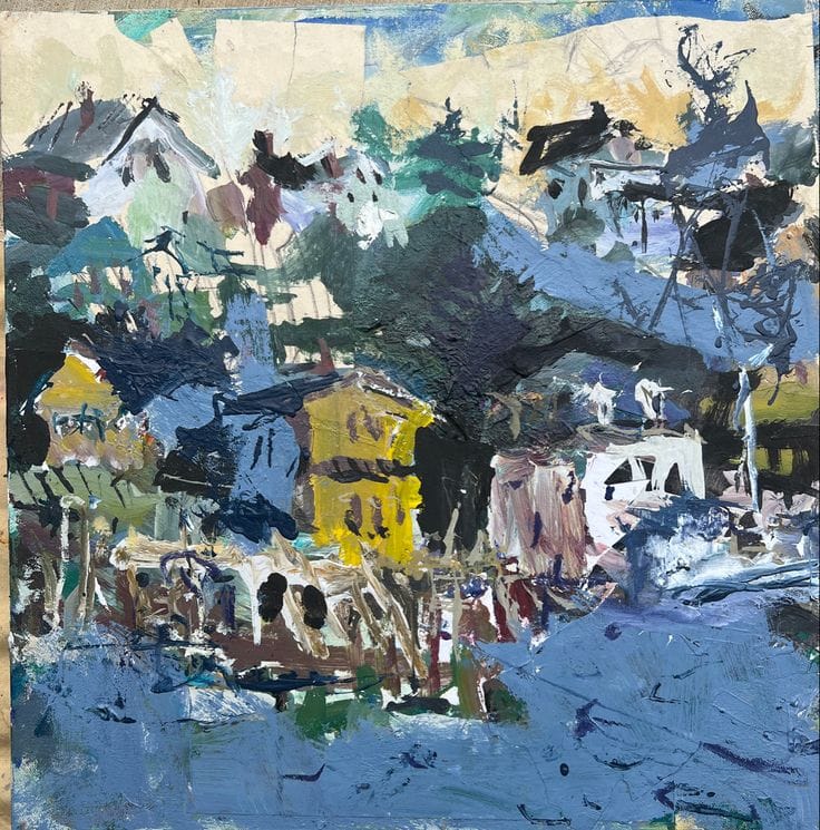 Skyline painting using layered collage and bold acrylic brushwork.