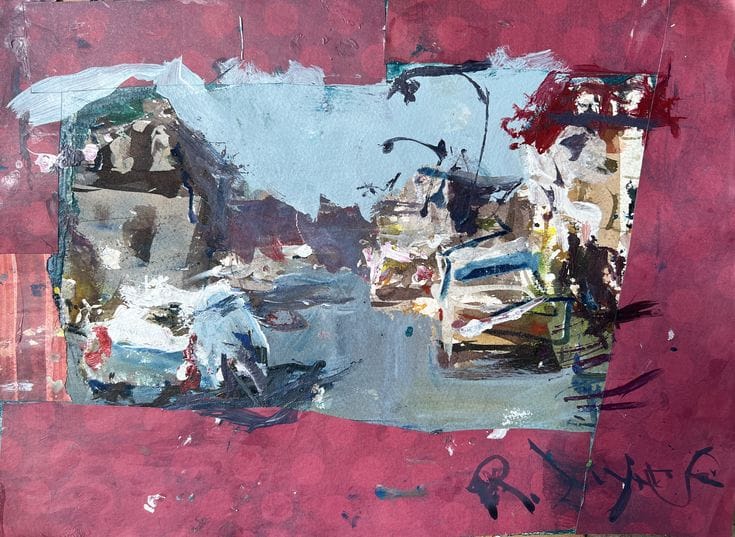 Urban street scene created with mixed media collage and acrylic highlights.