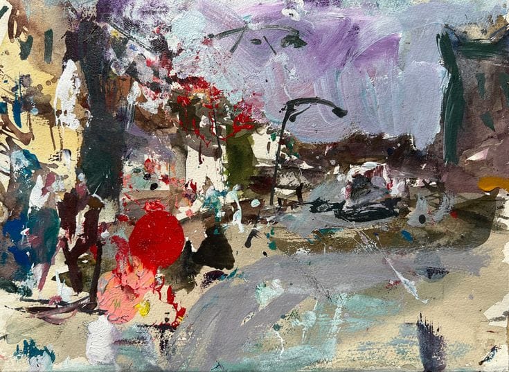 Urban landscape crafted with watercolor and acrylic mixed media techniques