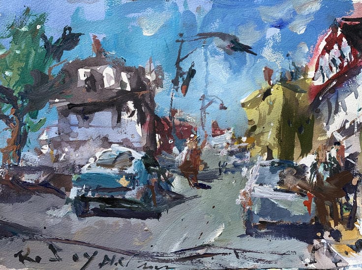 Cityscape painting with acrylics, collage borders, and expressive marks.