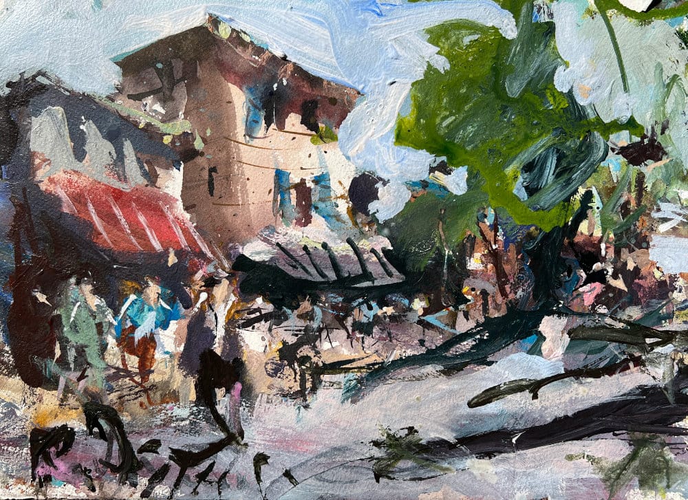 Loose urban landscape transformed by acrylic overpainting on a watercolor base.