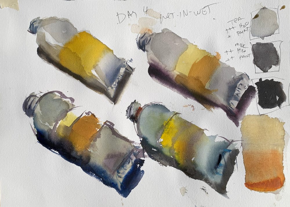 Watercolor wet-in-wet painting of a paint tube