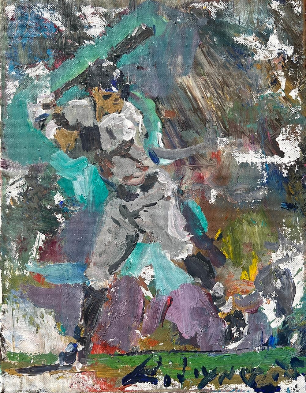 Modern abstract artwork of Aaron Judge in full swing, painted in expressive, bold style