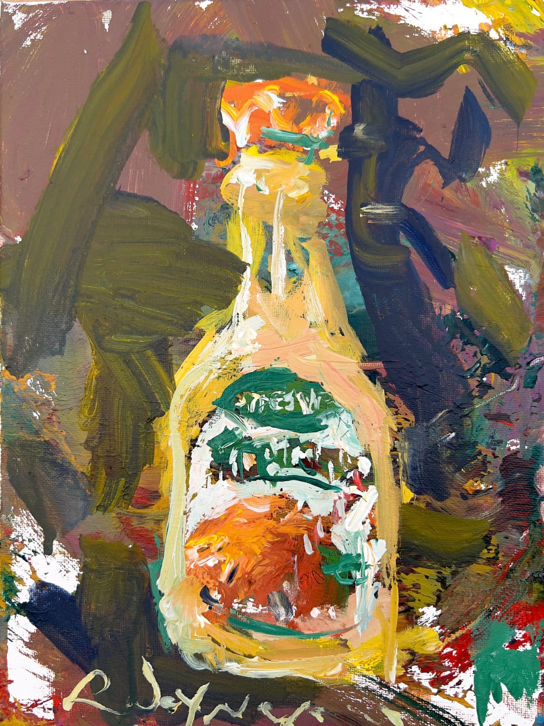 Tropicana orange juice bottle pop art painting with green and brown background, Tropicana brand artwork