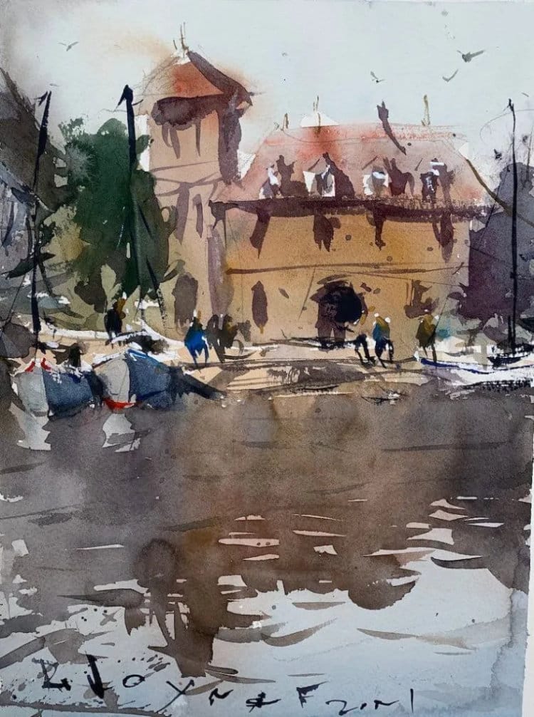 Finished watercolor landscape with boats, reflections and water.