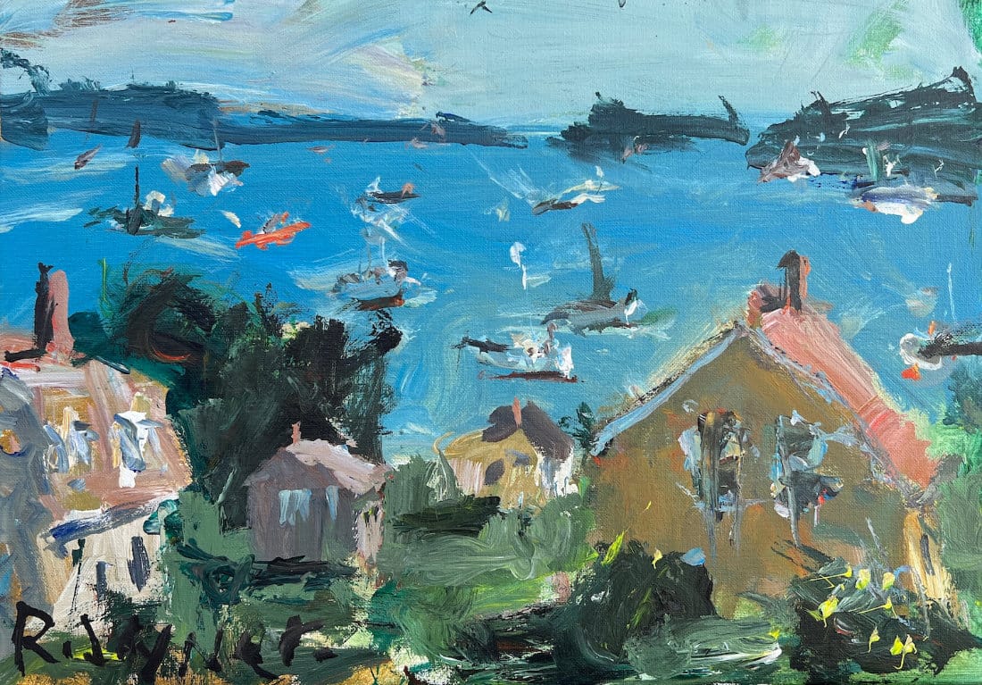 Expressive coastal landscape painting showing harbor village with boats, featuring loose brushwork in blues, greens, and earth tones with dark green foliage providing crucial value contrast against mid-toned houses and water