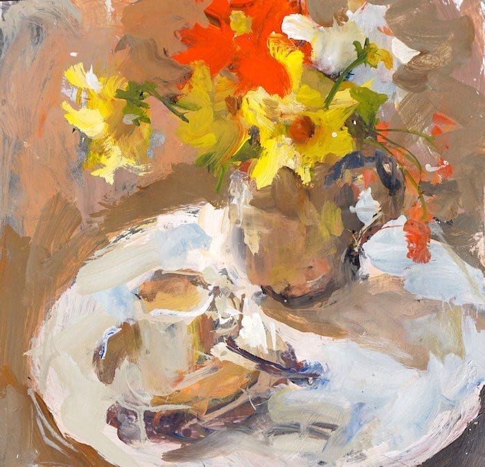Loose and expressive acrylic painting of flowers in a vase on paper