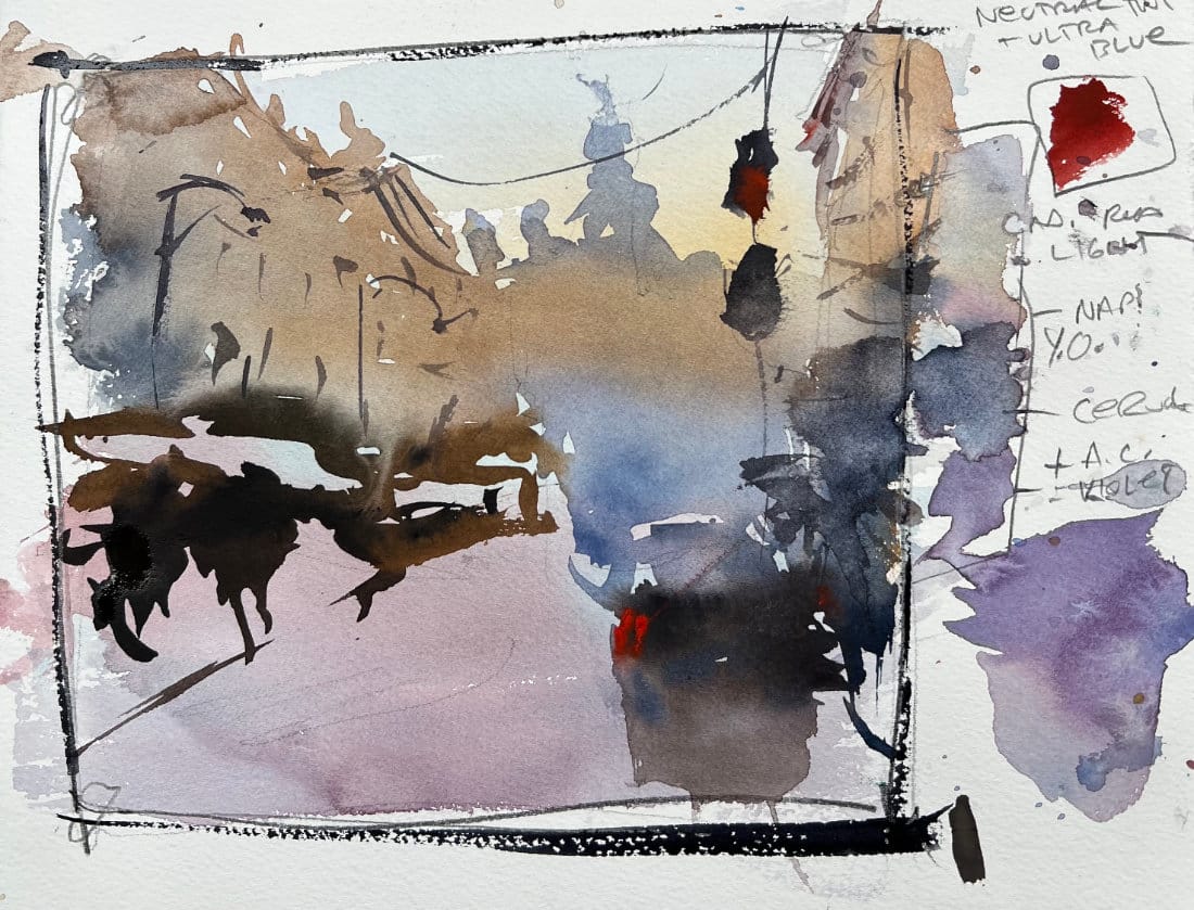 Advanced color gradation watercolor demonstration showing complex variegated foundation with atmospheric color temperature progression, warm ochres, cool blues, and wet-into-wet integration techniques