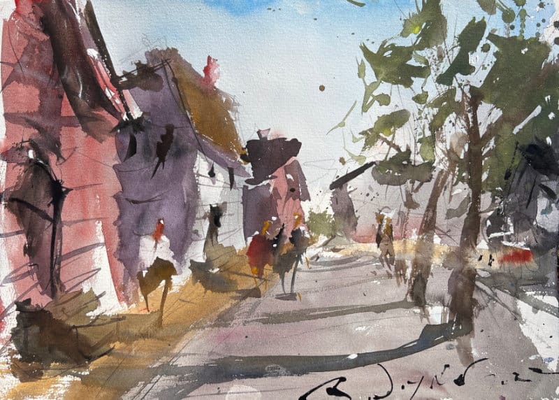 Advanced urban watercolor landscape idea with sidewalk, figures walking and shops