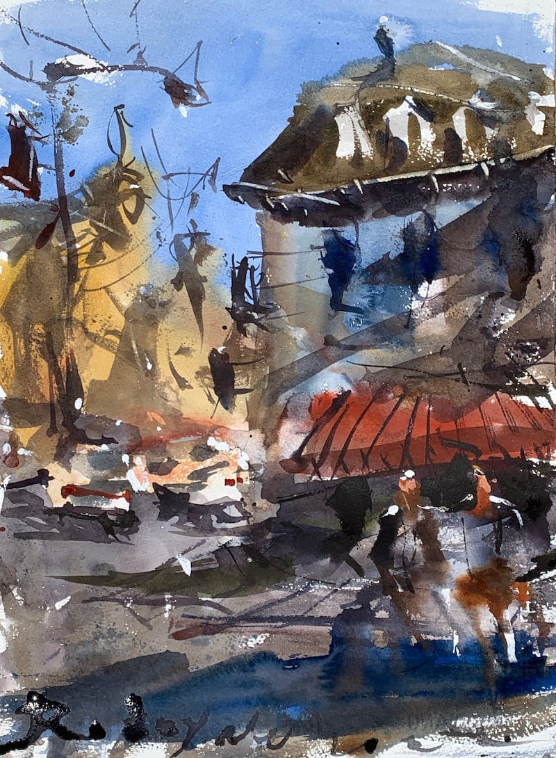 Loose watercolor painting of city street scene