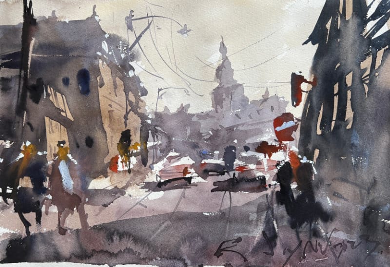 Loose watercolor painting of city street scene with cars, people and tall buildings