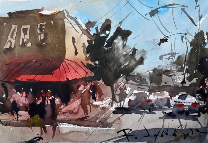 Watercolor urban sketch with red awning, cars and figures crossing street