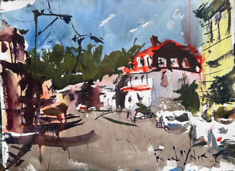 Watercolor red rooftops and chimneys with expressive brushwork