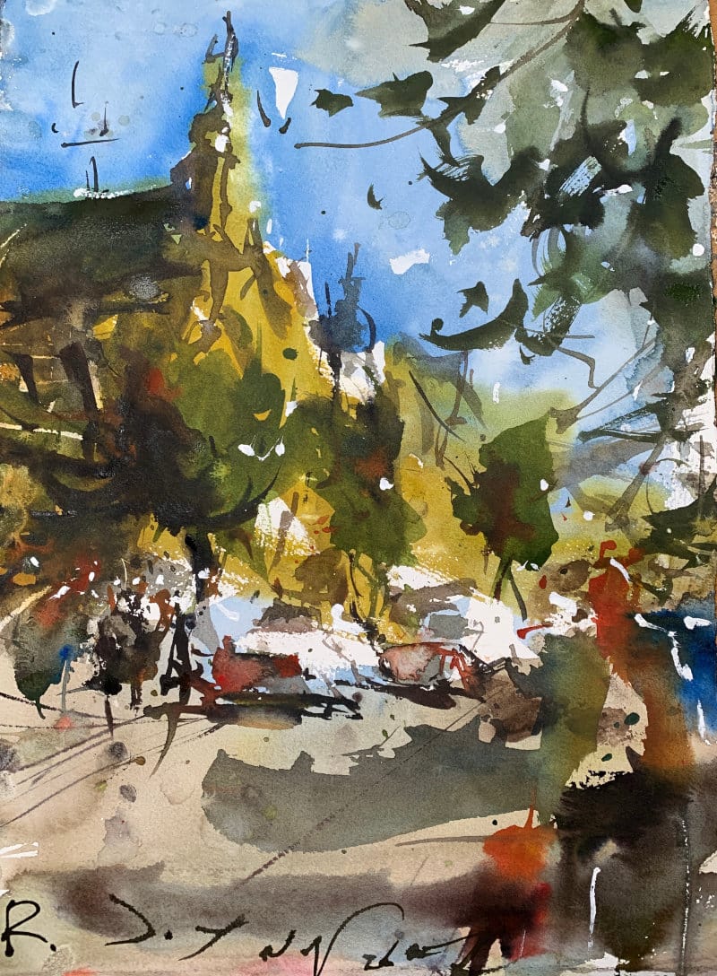 Urban street scene with figures, cars and tall building - loose, and expressive brushwork