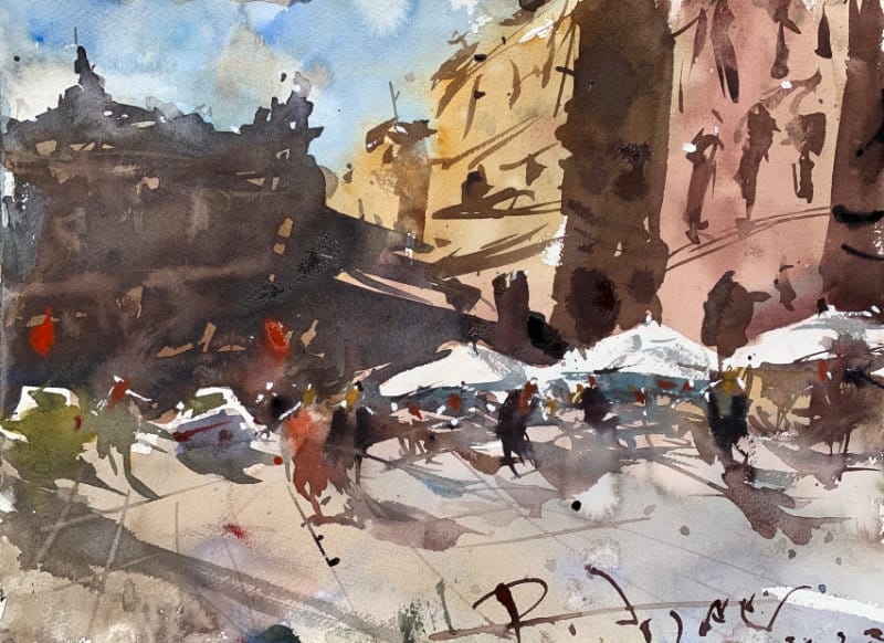 Expressive urban watercolor painting idea