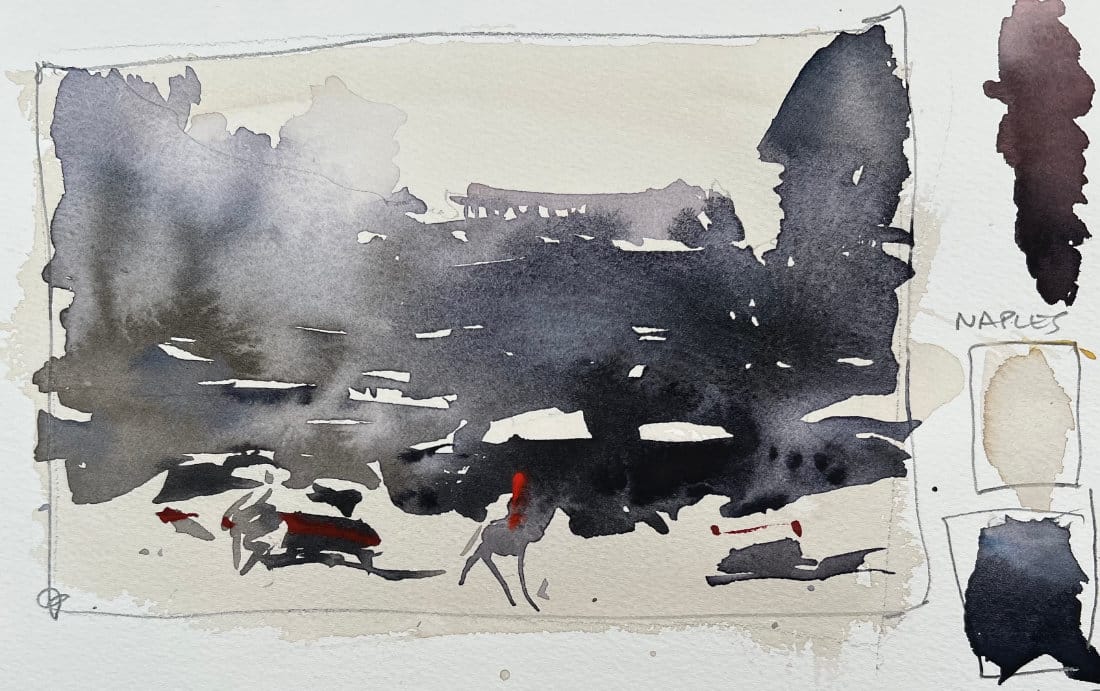 Advanced watercolor value gradation demonstration showing monochromatic building study with systematic light-to-dark progression over toned Naples Yellow ground, featuring atmospheric depth and strategic charging techniques