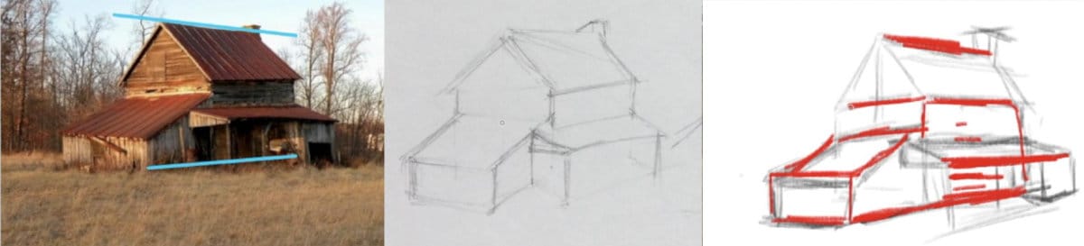 Barn drawing critique demonstrating student perspective mistakes with roof angles going wrong direction, shown with reference photo and teacher corrections highlighting proper tracking lines and eye level