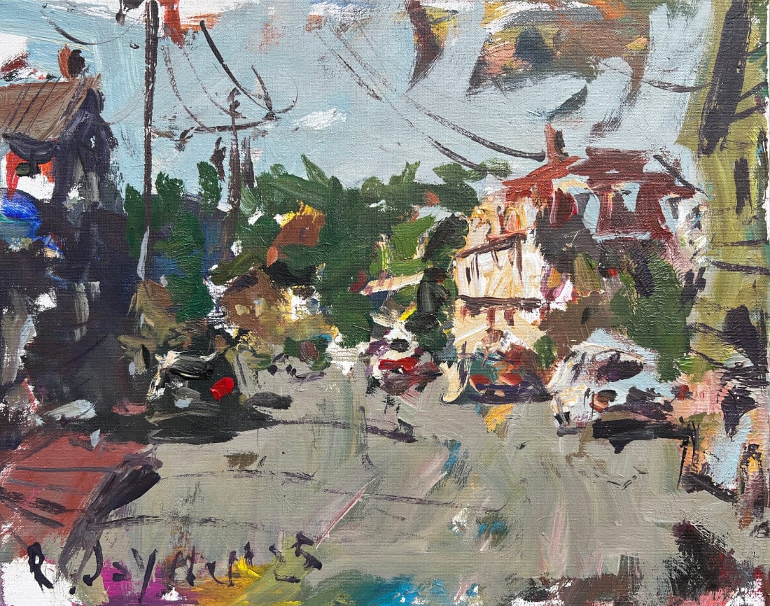 Expressive harbor scene painting with visible, unblended brushstrokes showing distinct color patches and paint application, demonstrating how avoiding over-blending maintains energy and impressionistic quality in the work